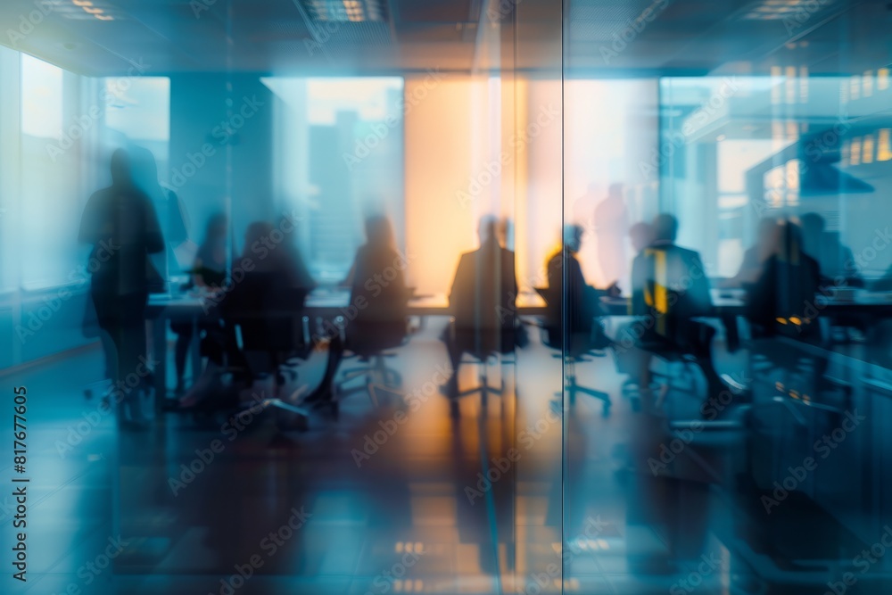 Blurry silhouettes of individuals gathered in a conference room, seen through a glass wall