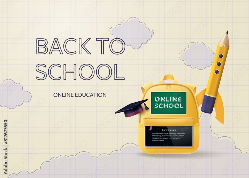 Back to School poster, online school banner. A yellow backpack with ...