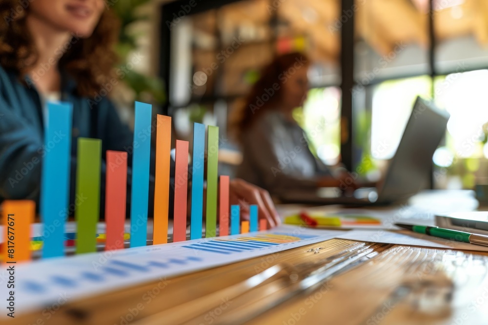 Officebased data visualization with a vibrant bar graph, ideal for showcasing progress in business projects and financial forecasting Officebased data visualization with a vibrant bar graph, ideal for showcasing progress in business projects and financial forecasting