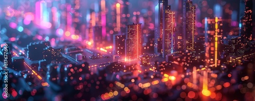 Stunning close-up of a vibrant  abstract digital cityscape with glowing neon lights