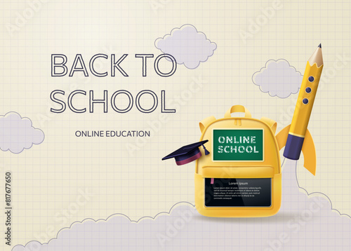 Back to School poster, online school banner. A yellow backpack with school supplies, a rocket and an academician on a background of checkered paper. Vector illustration.