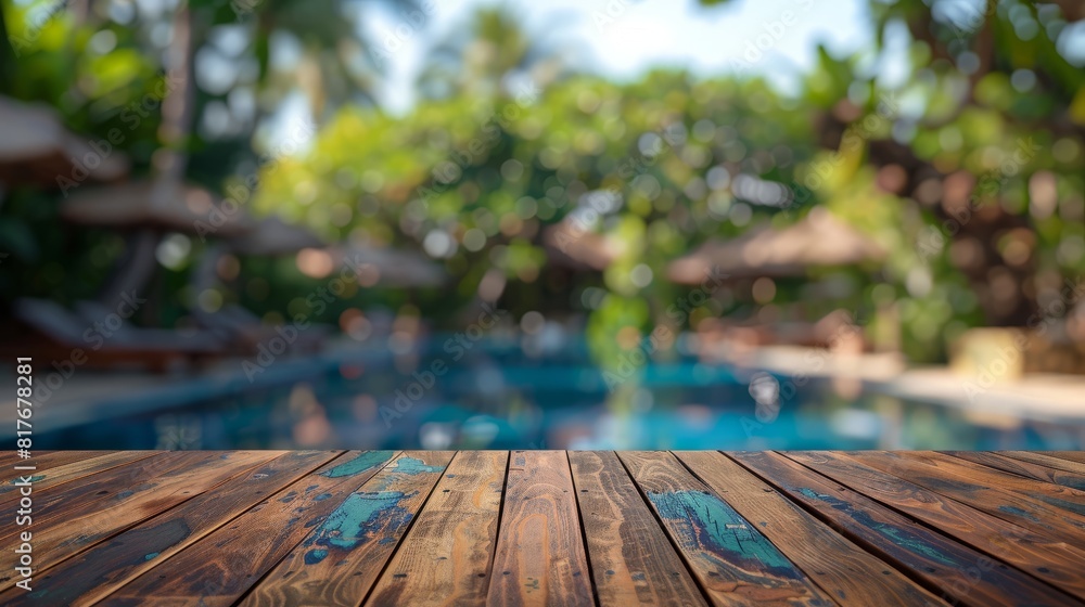 Image of wood table in front of swimming pool blur background. Brown ...