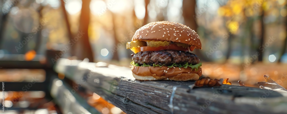 A juicy burger on a park fence during a sunny afternoon in autumn A juicy burger on a park fence during a sunny afternoon in autumn