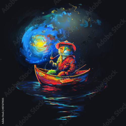 chat marin pêcheur dans un bateau, coloré, pop art, peinture © Loostik