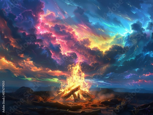 Storybook campfire setting with radiant flames and ethereal sparks under a vibrant  colorful sky