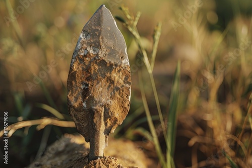 A stone knife stuck in the ground, suitable for historical or archaeological concepts