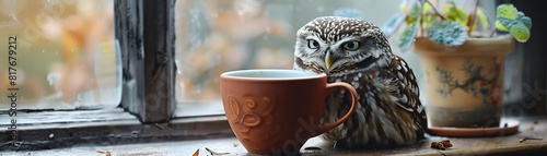 A serene owl sipping from a teacup while perched on a windowsill in an enchanted cottage photo
