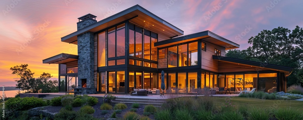 Fototapeta premium modern home at dusk and large windows