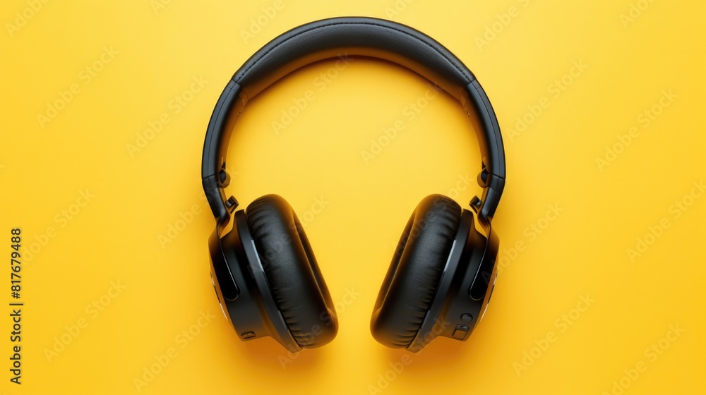 Black Wireless Headphones on Yellow Background Black Wireless Headphones on Yellow Background