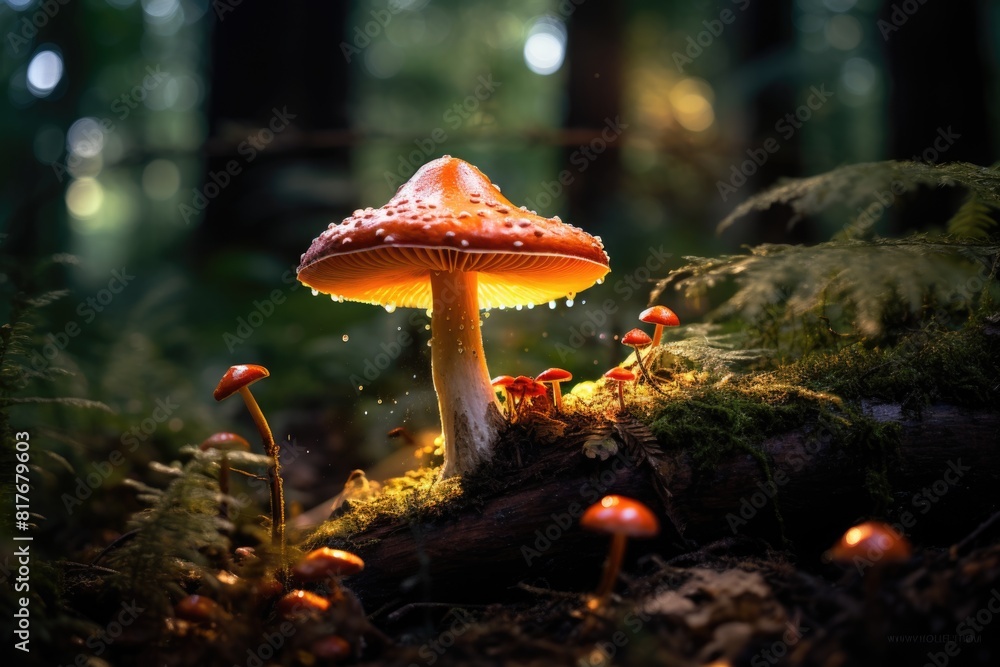 Fototapeta premium Red toadstool mushroom in autumn forest. Macro shot with blurred background.