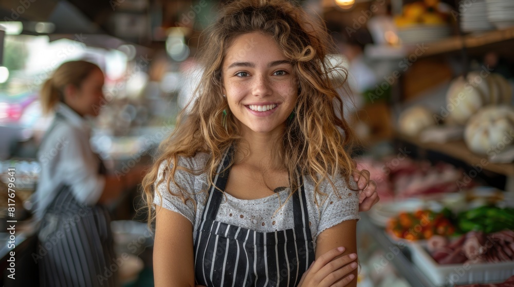 Smiling Female Chef in Restaurant Kitchen With Fresh Produce