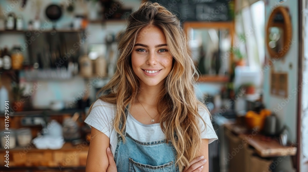 Smiling young woman in apron standing in a cozy kitchen. Smiling young woman in apron standing in a cozy kitchen.