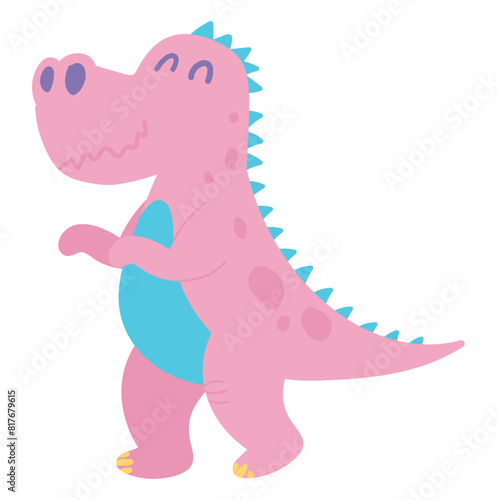 Cute pink dinosaur in flat design. Funny childish prehistoric reptile. Vector illustration isolated.