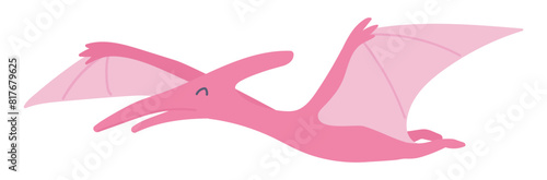 Cute pink flying dinosaur in flat design. Funny pterodactyl with wings. Vector illustration isolated.