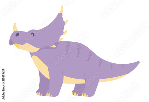 Cute dinosaur with horned head in flat design. Funny triceratops dino. Vector illustration isolated.