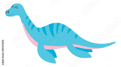 Cute swimming dinosaur in flat design. Funny underwater plesiosaur dino. Vector illustration isolated.