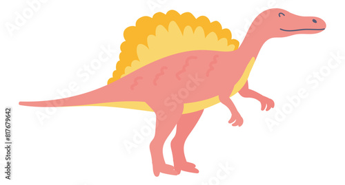 Cute dinosaur in flat design. Funny spinosaurus dino  prehistoric dragon. Vector illustration isolated.