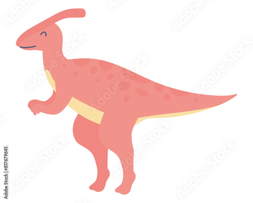 Cute red dinosaur in flat design. Funny prehistoric parasaurolophus dino. Vector illustration isolated.