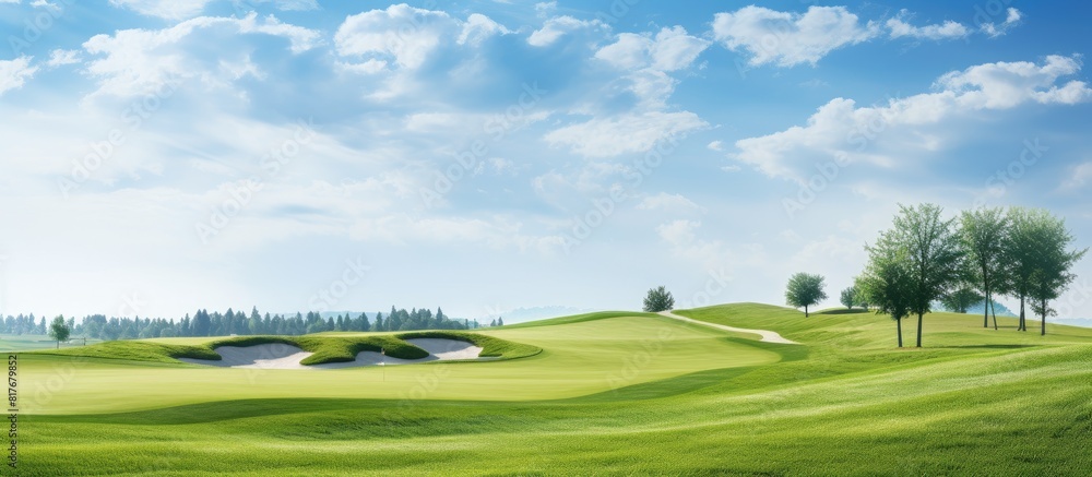 A sunny day on the fairway showcasing a golf approach shot with an iron. Creative banner. Copyspace image A sunny day on the fairway showcasing a golf approach shot with an iron. Creative banner. Copyspace image