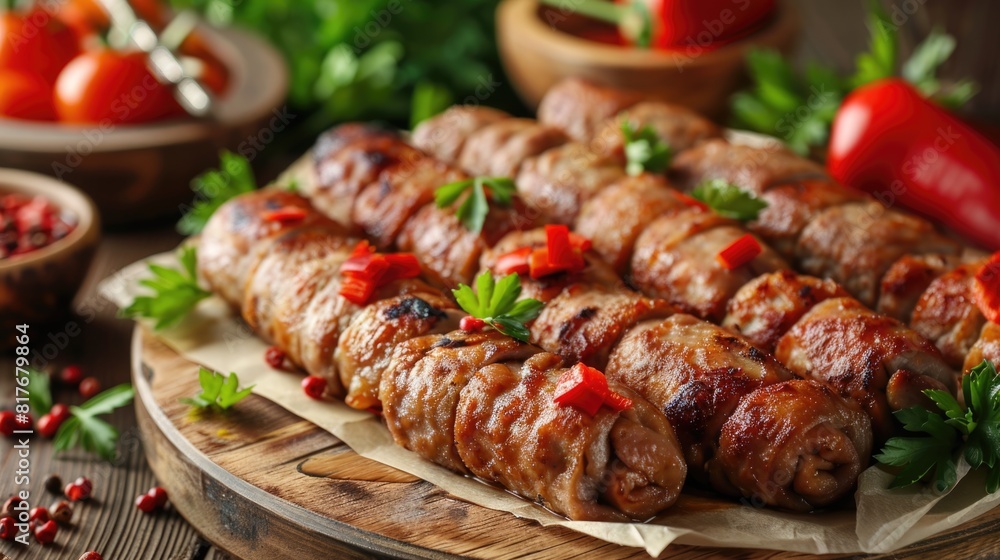 Grilled sausages wrapped in bacon on a rustic plate with parsley and tomatoes. Grilled sausages wrapped in bacon on a rustic plate with parsley and tomatoes.