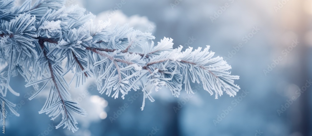 A picturesque winter scene of a pine tree branch covered in snow and hoarfrost captured in a copy space image