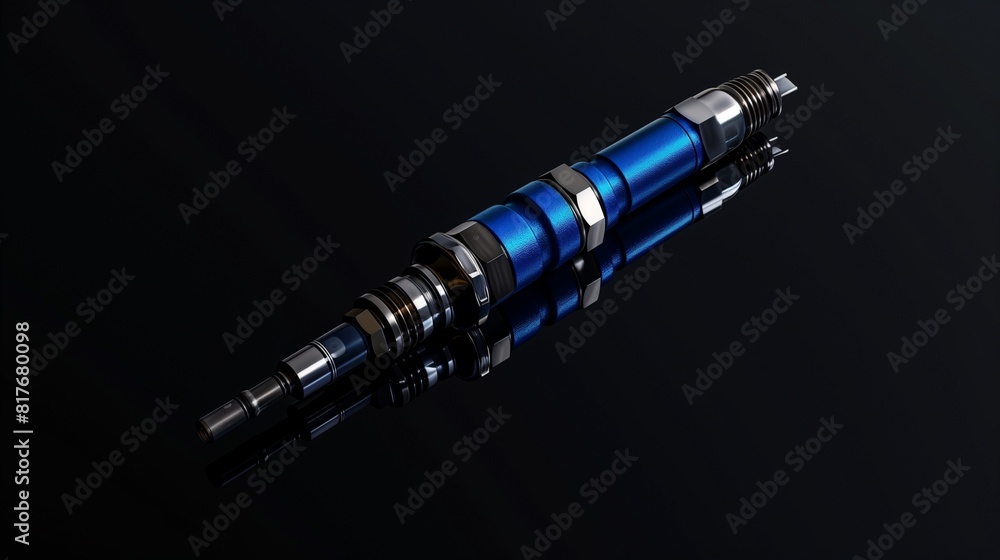 Bright blue fuel injector on a stark black background - precision in vehicle fuel systems Bright blue fuel injector on a stark black background - precision in vehicle fuel systems