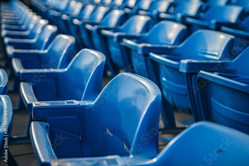 Row of empty blue plastic seats in a sports stadium  angled view with focus wide