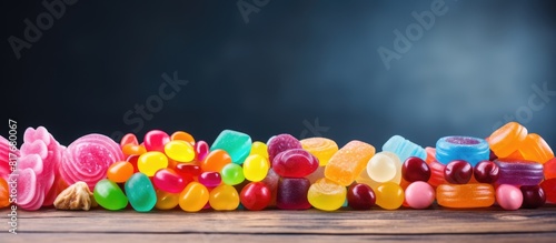 Delicious candies of various colors placed on a wooden surface with ample empty space for additional images