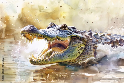 A fierce crocodile depicted in a watercolor painting. Suitable for educational materials or wildlife themed designs