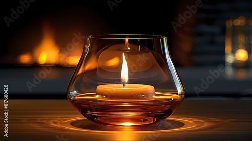 The gentle flicker of a single candle captured in high definition, its warm glow emanating from within a transparent glass casing photo