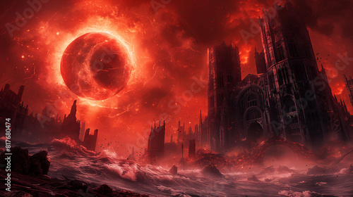 A dark  apocalyptic scene featuring a large  fiery red planet or moon in the sky  ominous glow over a gothic  ruined cityscape. The landscape sense of chaos and destruction.