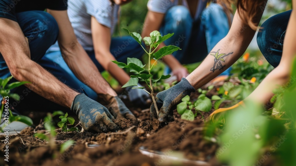 Fototapeta premium Group of people planting herbs in a garden. Outdoor gardening activity.
