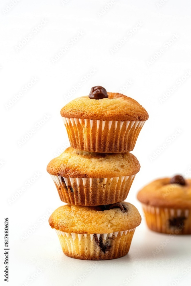 Stack of chocolate chip muffins with scattered chocolate chips on a white background Stack of chocolate chip muffins with scattered chocolate chips on a white background