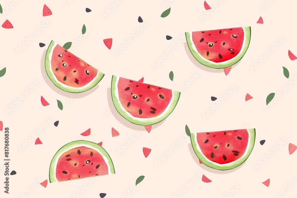 Minimalist illustration depicting vibrant watermelon slices and seeds on a pastel background, exuding a refreshing and playful summer vibe Minimalist illustration depicting vibrant watermelon slices and seeds on a pastel background, exuding a refreshing and playful summer vibe