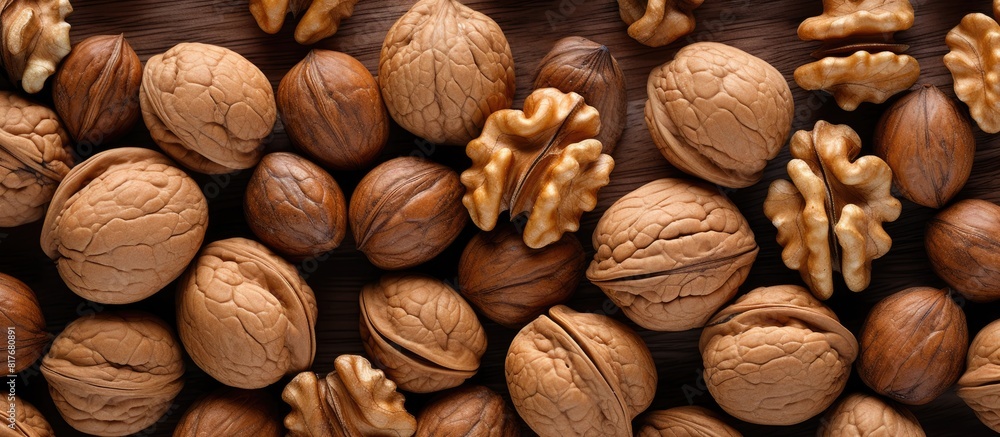 A visually appealing copy space image showcasing a pile of fresh crispy brown walnuts arranged on a surface as viewed from above A visually appealing copy space image showcasing a pile of fresh crispy brown walnuts arranged on a surface as viewed from above