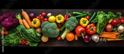 An aerial view of vibrant and fresh vegetables from a farmers market allowing room for additional content in the image