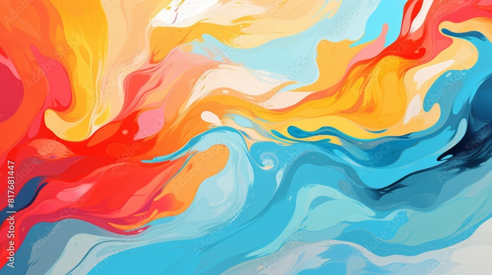 The image is an abstract painting with bright red, orange, yellow, blue, and white colors. It has a smooth and fluid look. The image is an abstract painting with bright red, orange, yellow, blue, and white colors. It has a smooth and fluid look.