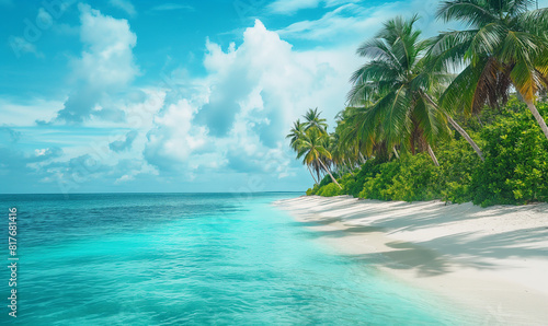 A tranquil tropical beach with white sand  turquoise and palm trees along the coast. Peaceful summer vacation background