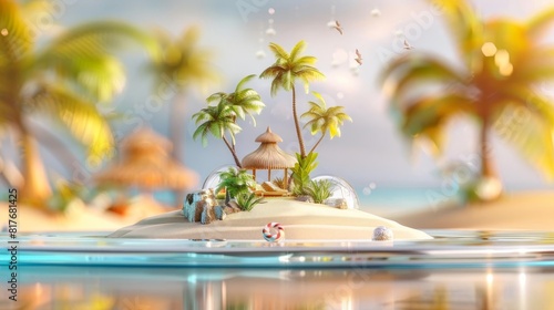 A 3D illustration of a small tropical island with palm trees and sandy beaches