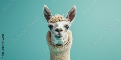 Close-up of a llama s face with blue background  suitable for animal themes