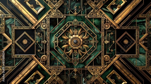 Abstract background, featuring intricate geometric patterns in vintage emerald green, sumptuous gold, and rich black