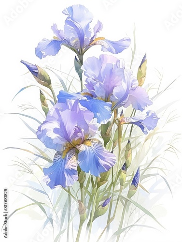 Purple iris  drawn by watercolor paint  bright colors  rough 2D animation  children s book illustration  isolated on white background