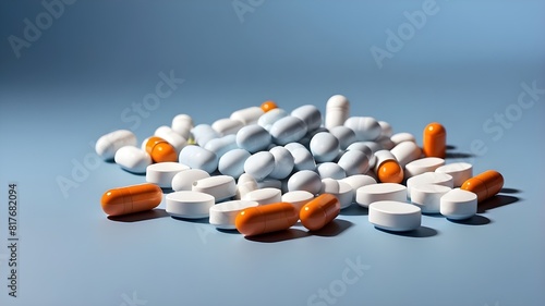  Several pills isolated on a plain, light blue background with ample surrounding space --ar 3:2 --v 4 photo