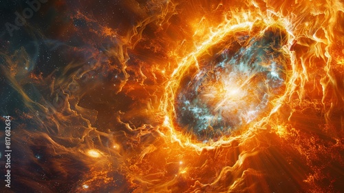 The image shows a large, glowing, orange-yellow fireball in the center of a dark, starry background. The fireball is surrounded by a swirling, fiery vortex. © admin_design