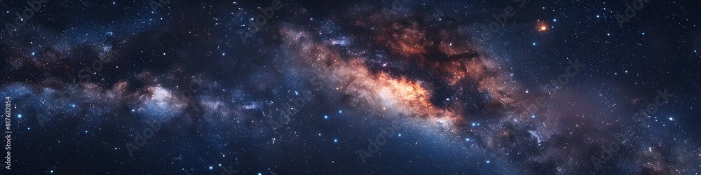 Fototapeta premium Panoramic astrophotography of visible Milky Way galaxy. Stars, nebula and stardust at night sky