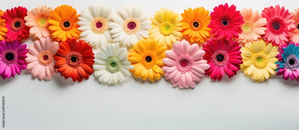Colorful gerbera flowers arranged in a flat lay composition on a background providing copy space for text
