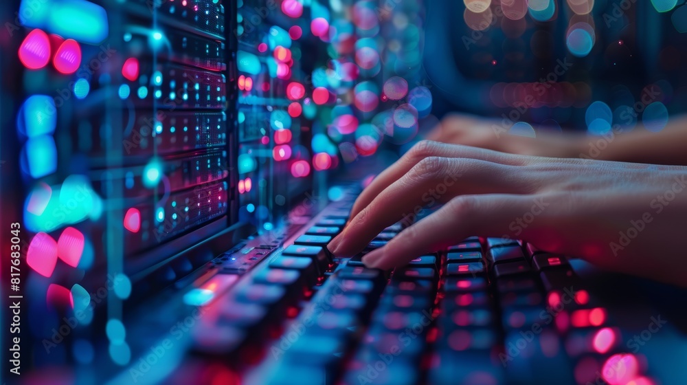 The image shows a person typing on a keyboard with a colorful background of lights. The image shows a person typing on a keyboard with a colorful background of lights.