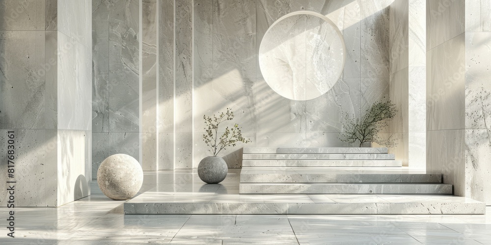 Obraz premium 3D rendering of a room with white marble walls and steps in a contemporary design