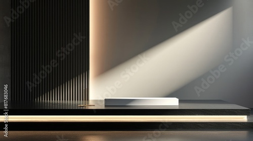 Elegant podium with a sleek, modern design, set against a backdrop of a minimalist, monochromatic wall. photo