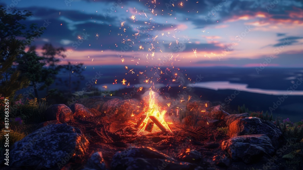 Fantasyinspired campfire scene with mystical floating sparks, set against a dramatic dusk landscape Fantasyinspired campfire scene with mystical floating sparks, set against a dramatic dusk landscape
